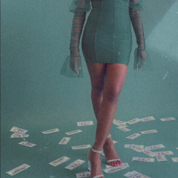 Emerald Mesh-Sleeve Corset Mini Dress | Luxe Holiday / NYE / Party Dress –Size M - Picture 7 of 16